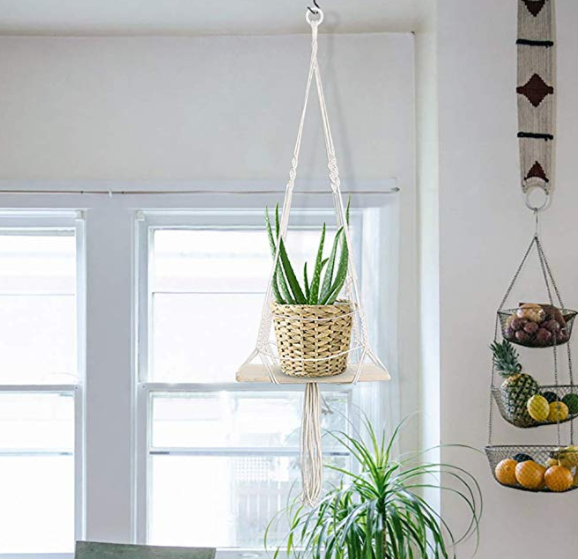 Plant Hanger Wood Hanging Shelf 2 Pcs Flower Holder Rope