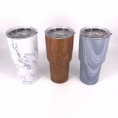 Double wall stainless steel vacuum wood grain tumbler with lid